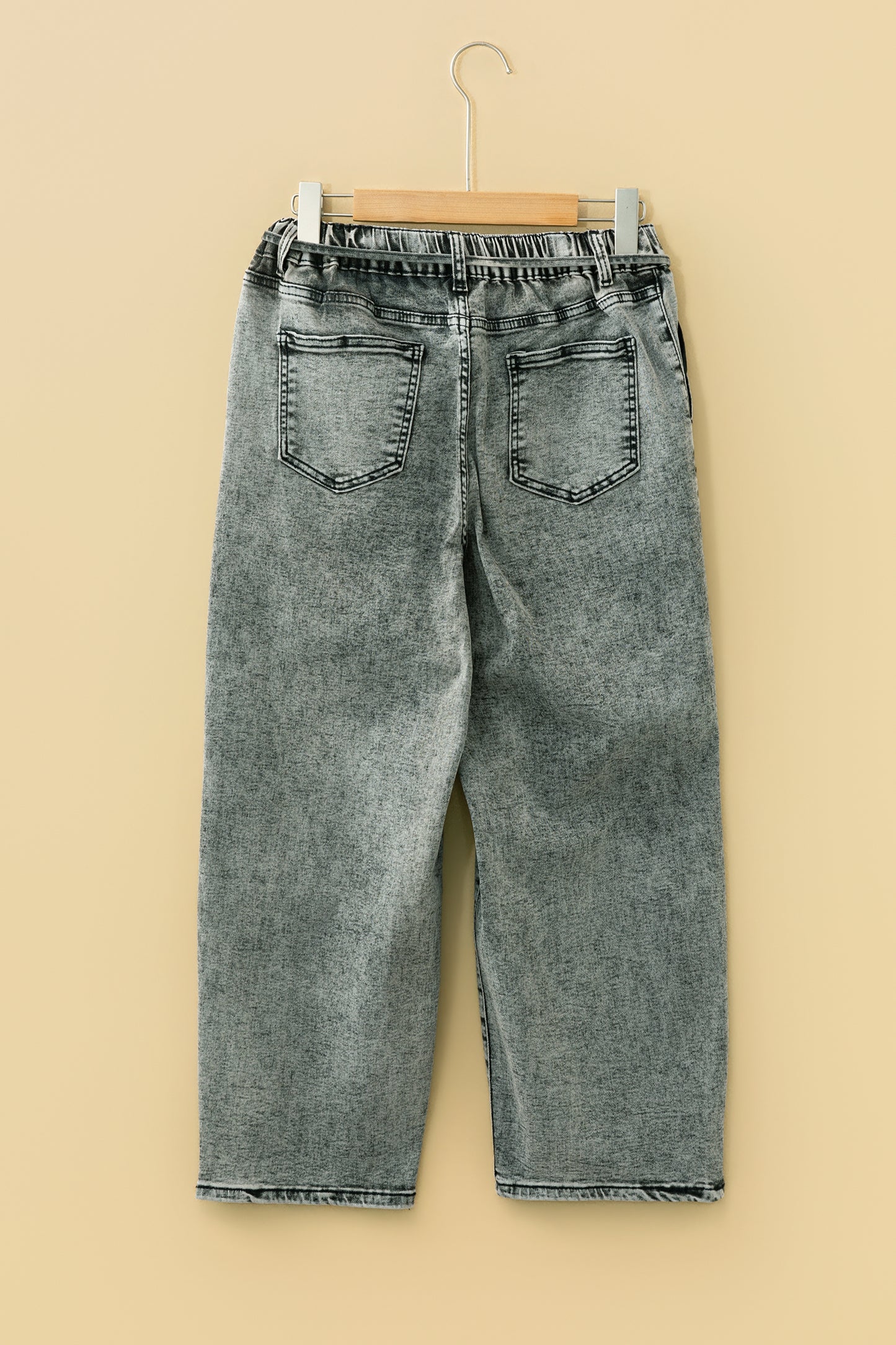 Gray Acid Wash Barrel Fit Denim Pants with Waist String-Bottoms/Jeans-[Adult]-[Female]-2022 Online Blue Zone Planet