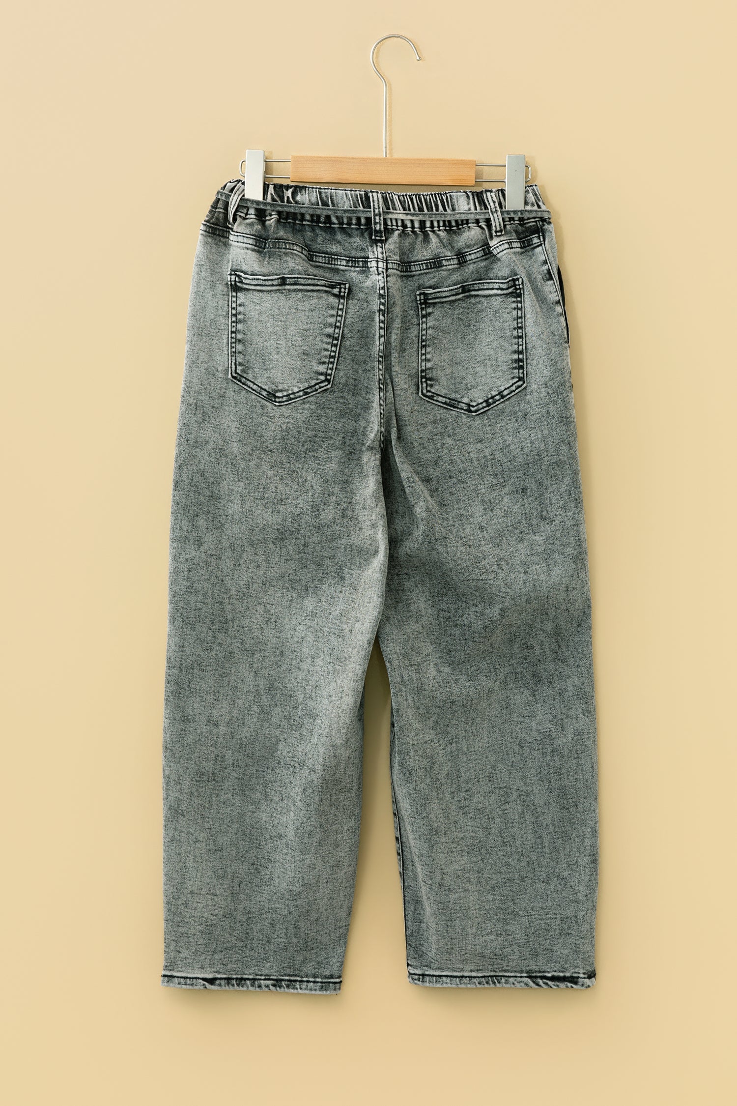 Gray Acid Wash Barrel Fit Denim Pants with Waist String-Bottoms/Jeans-[Adult]-[Female]-2022 Online Blue Zone Planet