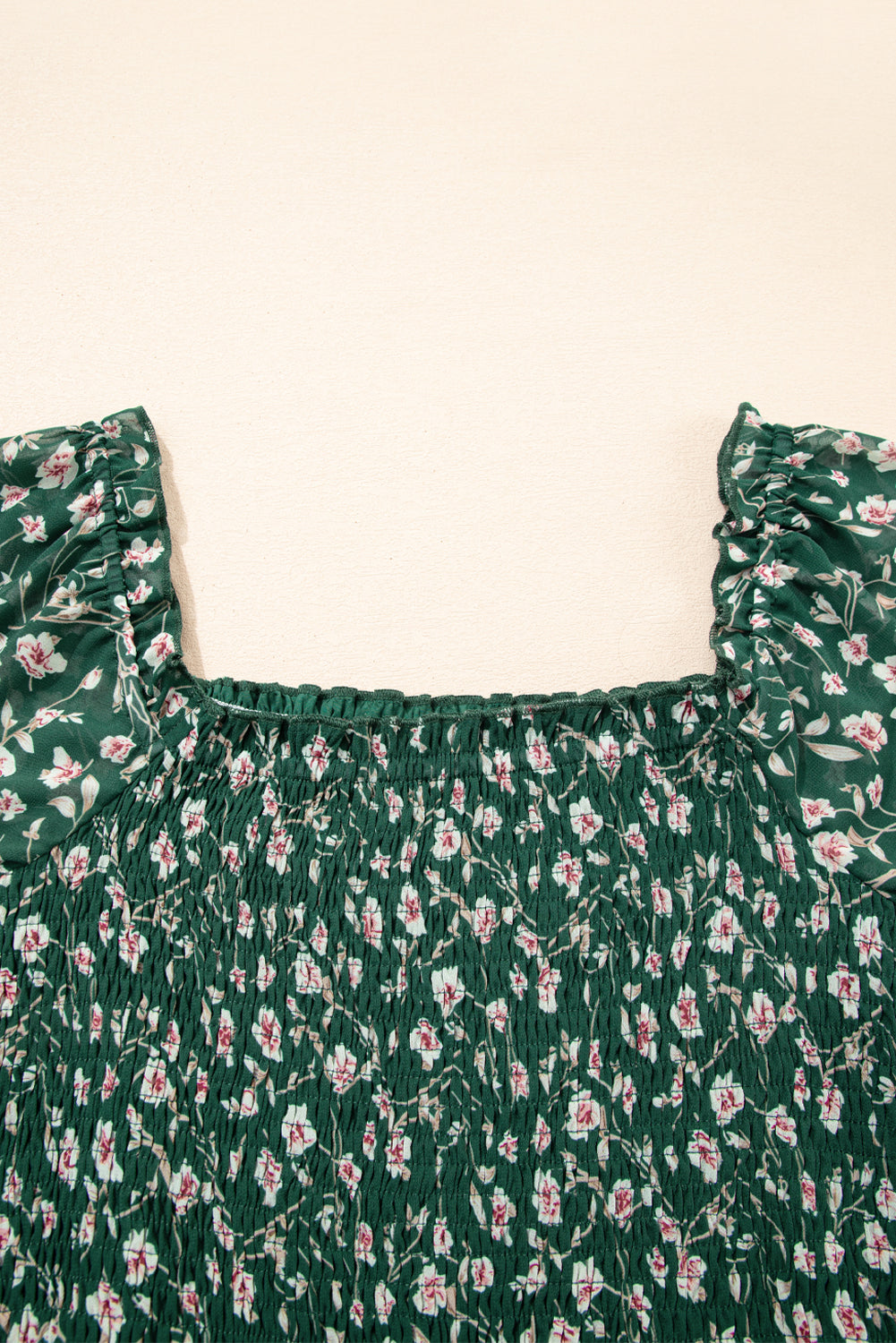 Green Smocked Square Neck Puff Short Sleeve Floral Dress-TOPS / DRESSES-[Adult]-[Female]-2022 Online Blue Zone Planet