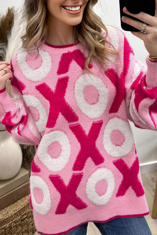 Pink XOXO Pattern Drop Shoulder Crewneck Valentines Sweater-Sweaters & Cardigans/Sweaters-[Adult]-[Female]-Pink-S-2022 Online Blue Zone Planet