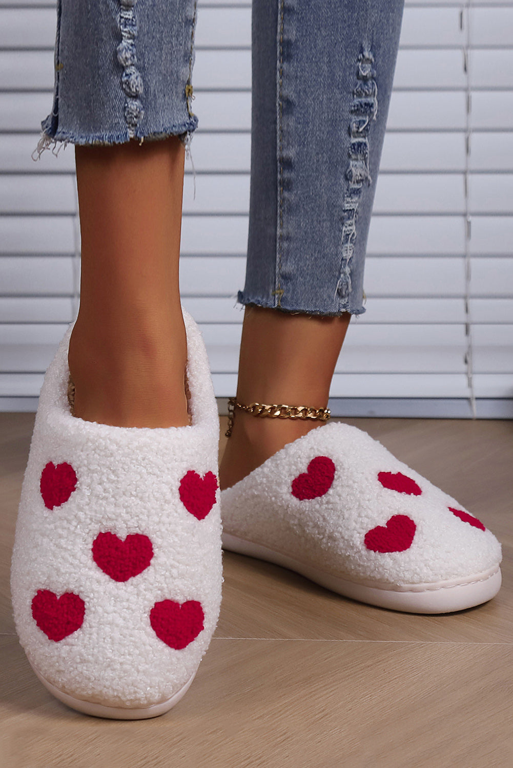 White Valentines Day Hearts Print Plush House Slippers-Shoes & Bags/Slippers-[Adult]-[Female]-2022 Online Blue Zone Planet