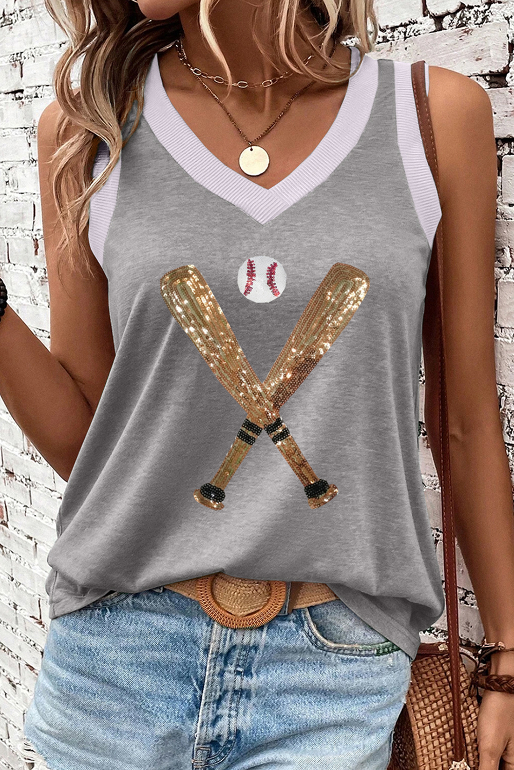 Gray Sequined Baseball Bat Graphic Ribbed Trim Casual Tank Top-Graphic/Graphic Tank Tops-[Adult]-[Female]-2022 Online Blue Zone Planet