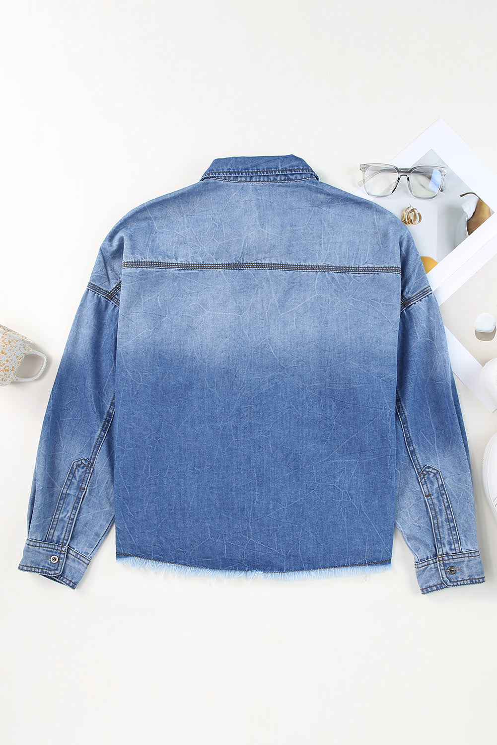 Raw Hem Sequin Football Long Sleeve Denim Jacket-TOPS / DRESSES-[Adult]-[Female]-2022 Online Blue Zone Planet