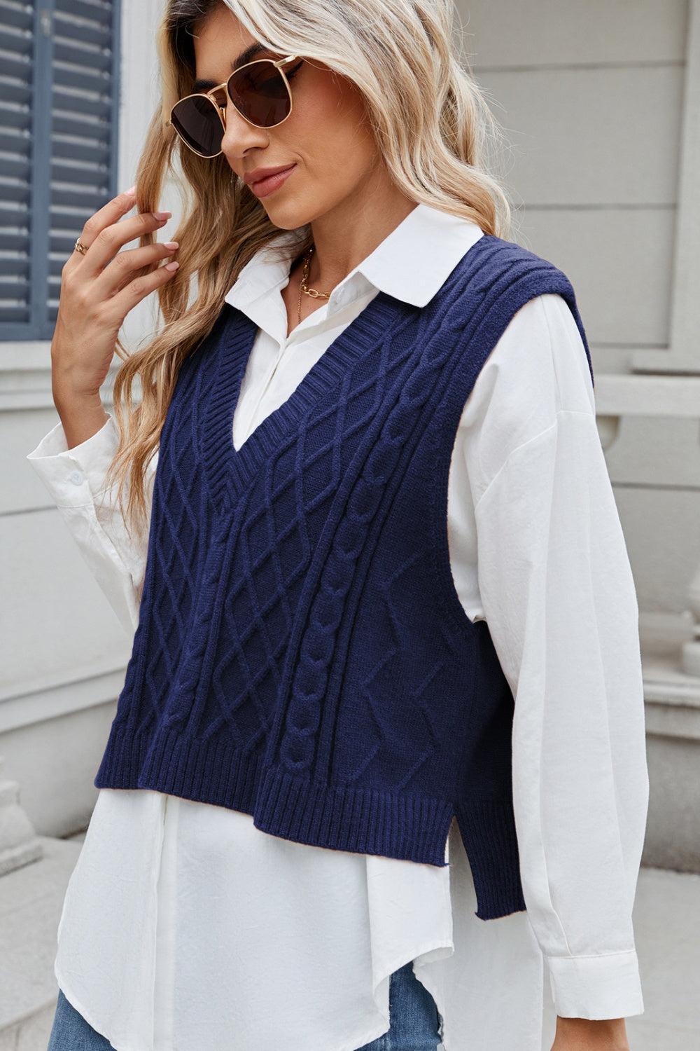 Blue Zone Planet | Cable-Knit V-Neck Sweater Vest-TOPS / DRESSES-[Adult]-[Female]-Dark Navy-S-2022 Online Blue Zone Planet