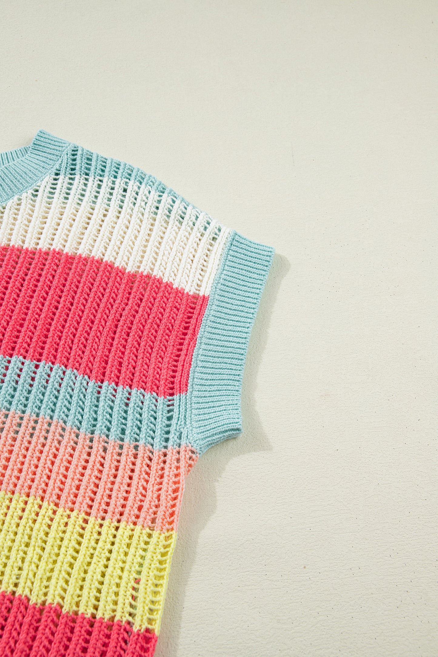 Green Stripe Color Block Hollow Out Knit Short Sleeve Sweater-TOPS / DRESSES-[Adult]-[Female]-2022 Online Blue Zone Planet