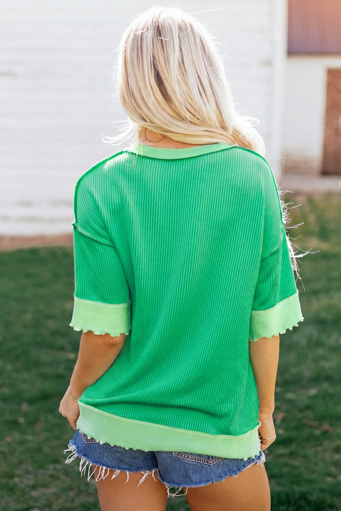 Mint Green Loose Uneven Hem Twist Ribbed T Shirt-Tops/Tops & Tees-[Adult]-[Female]-2022 Online Blue Zone Planet