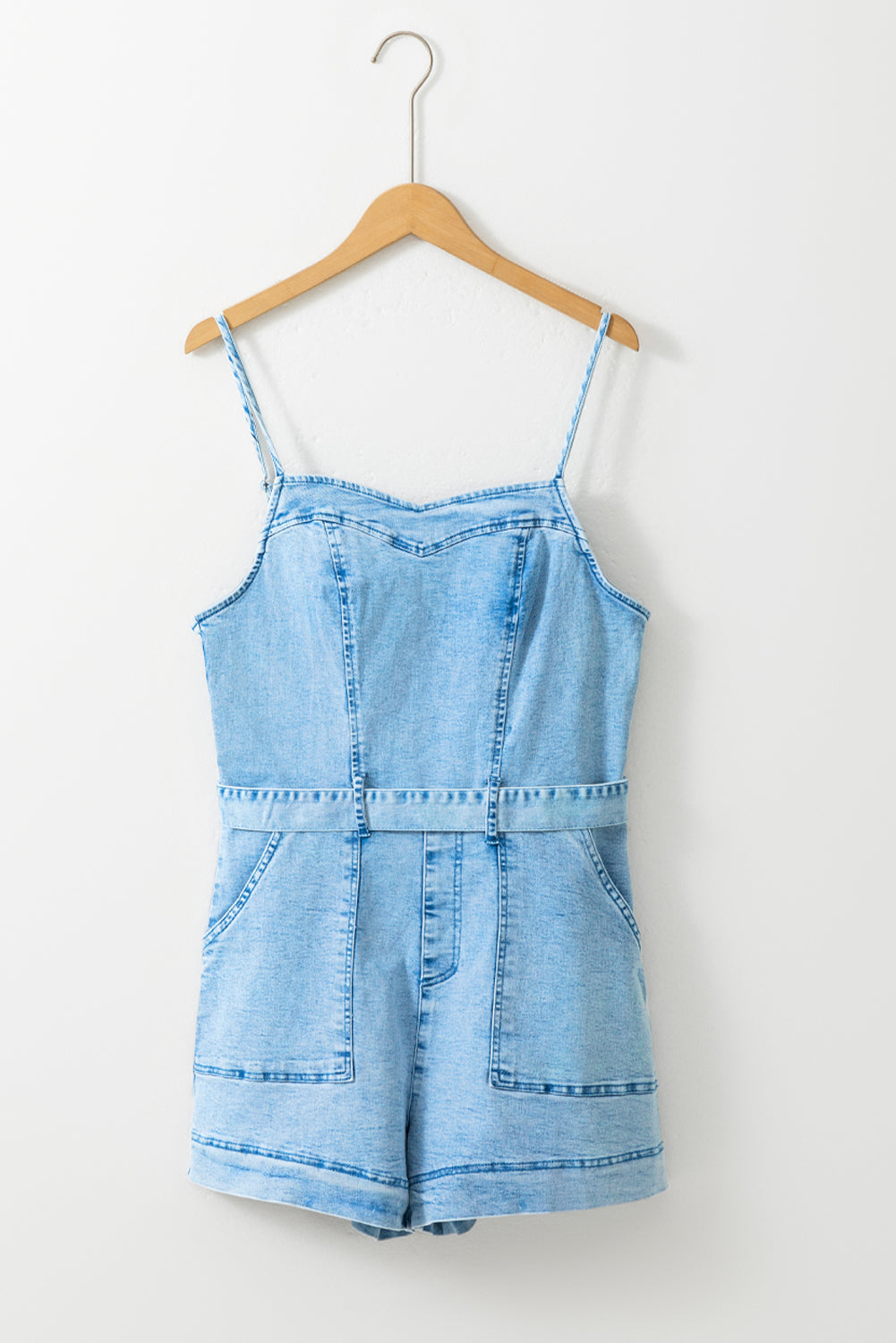 Blue Zone Planet |  Beau Blue Spaghetti Straps Belted Denim Romper Blue Zone Planet