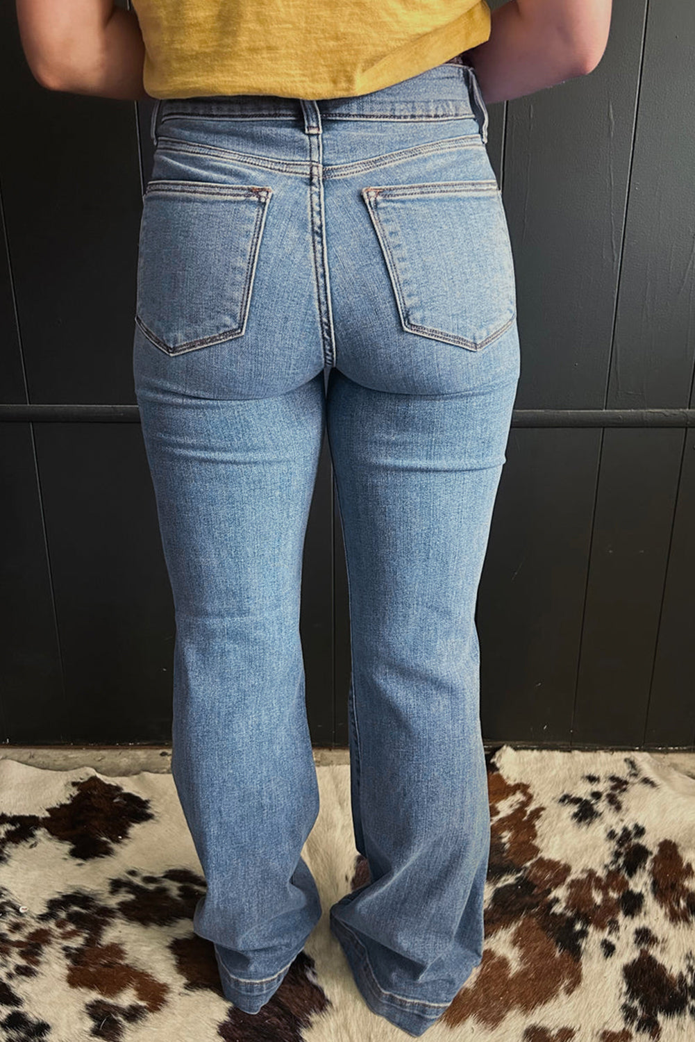 Dusk Blue 2 Button High Waist Piping Trim Bootcut Jeans-Bottoms/Jeans-[Adult]-[Female]-2022 Online Blue Zone Planet