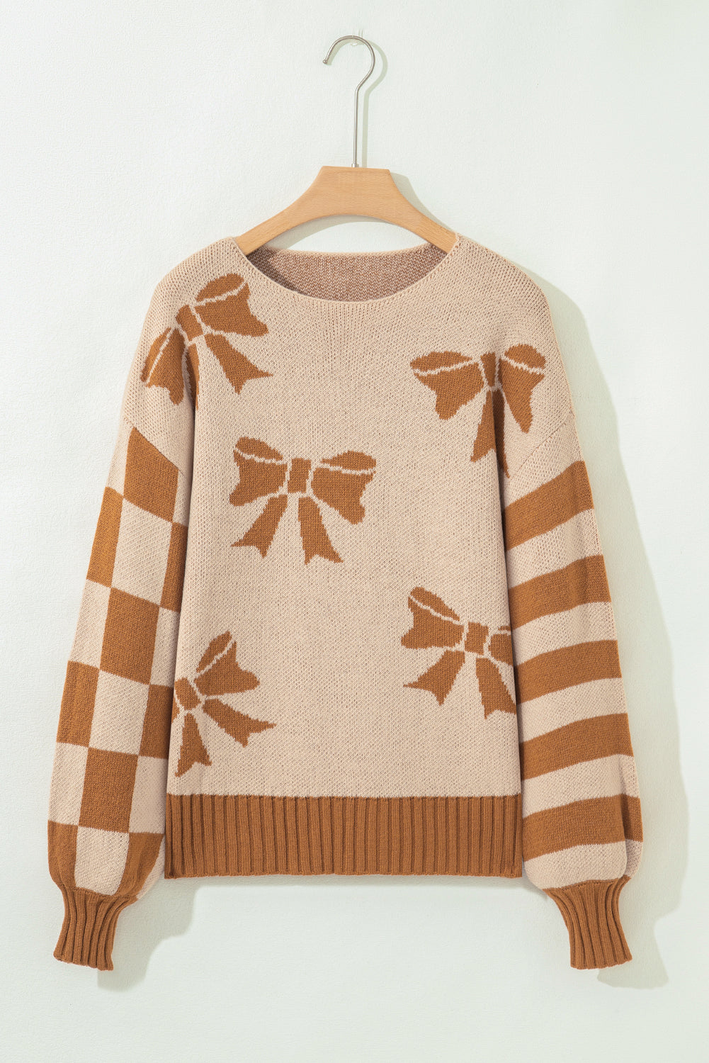 Straw Yellow Ribbon Bow Print Checkered Striped Sleeve Drop Shoulder Sweater-Sweaters & Cardigans/Sweaters-[Adult]-[Female]-2022 Online Blue Zone Planet