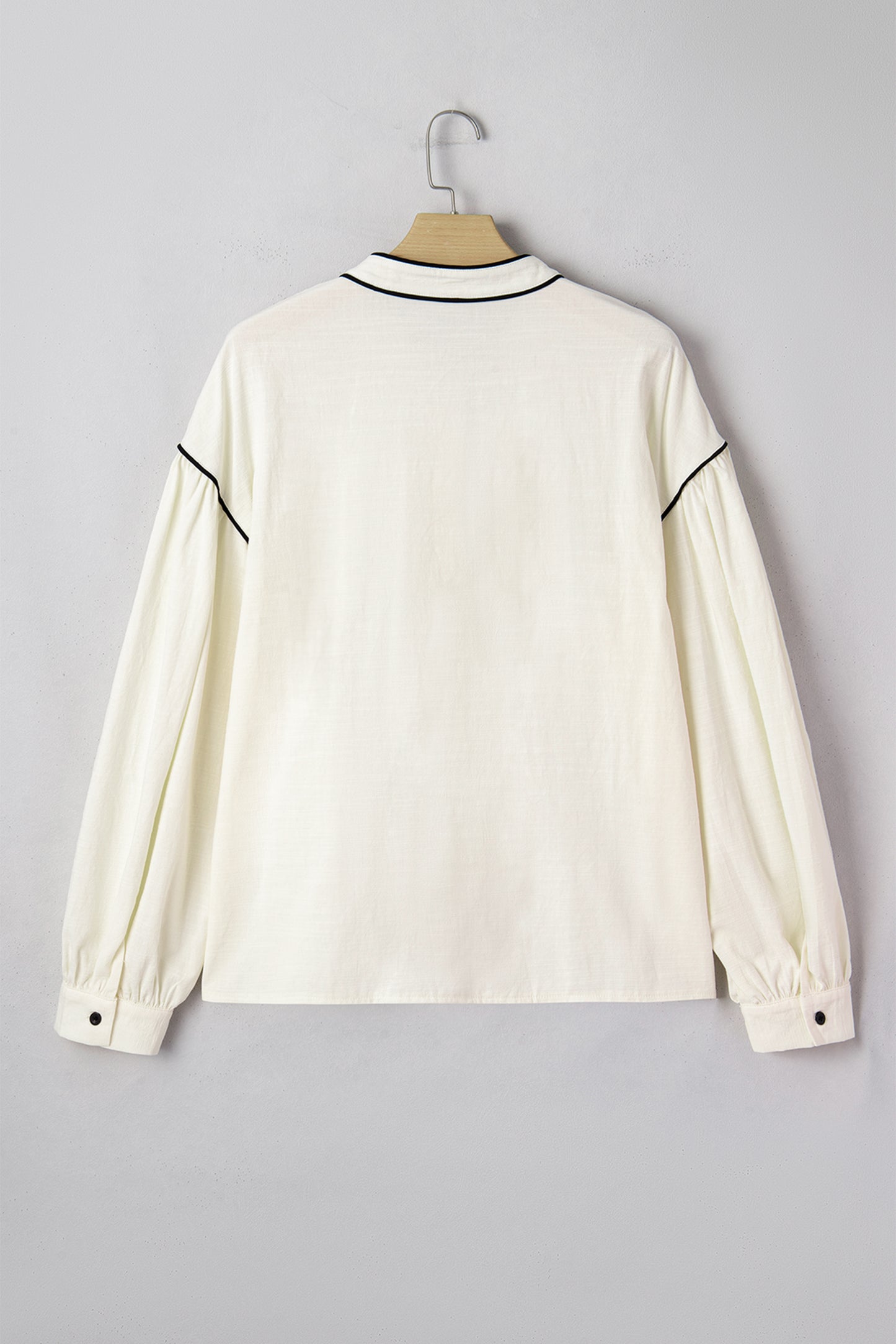 Beige Contrast Color Trim Button Down Long Puff Sleeve Shirt-Tops/Blouses & Shirts-[Adult]-[Female]-2022 Online Blue Zone Planet