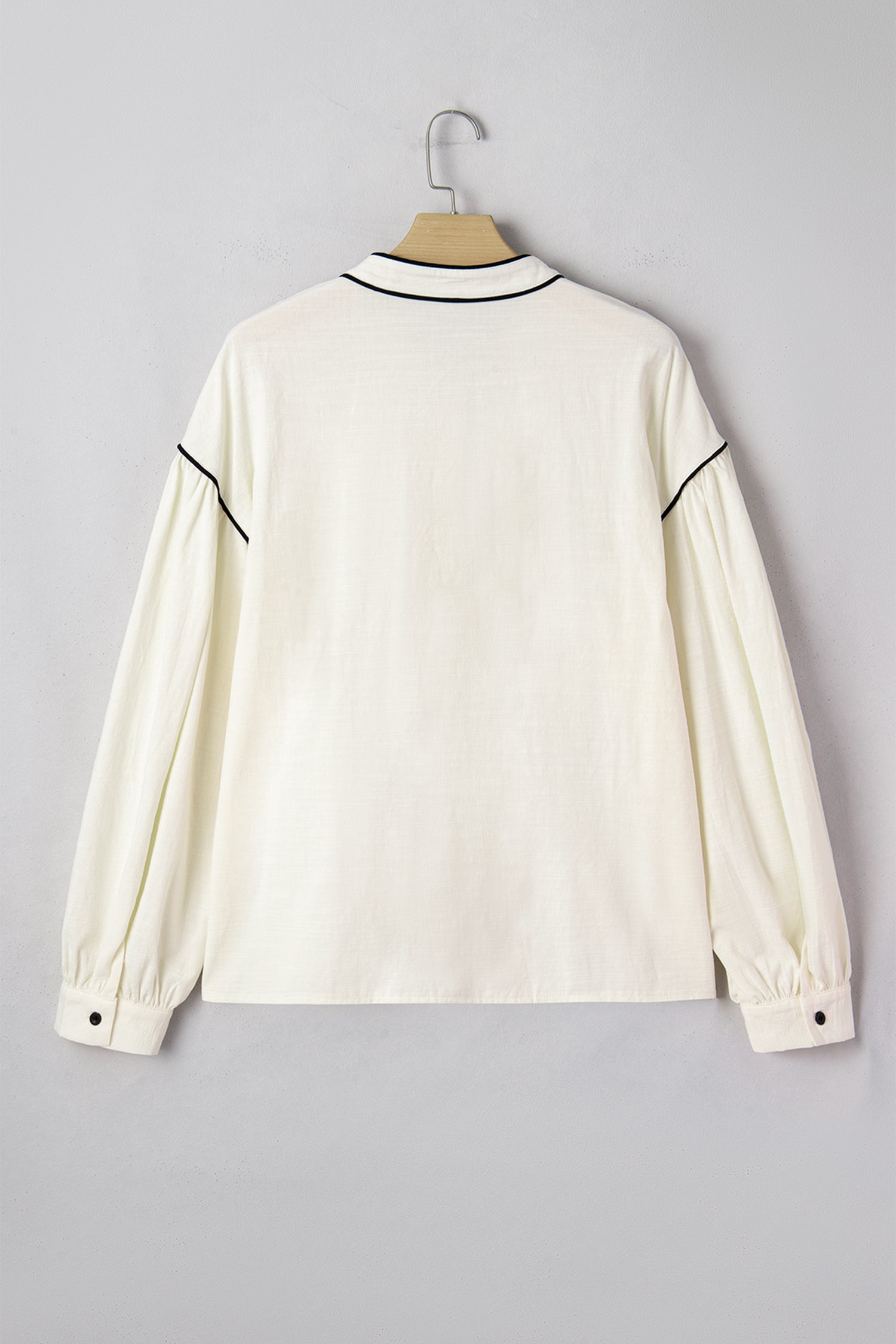 Beige Contrast Color Trim Button Down Long Puff Sleeve Shirt-Tops/Blouses & Shirts-[Adult]-[Female]-2022 Online Blue Zone Planet