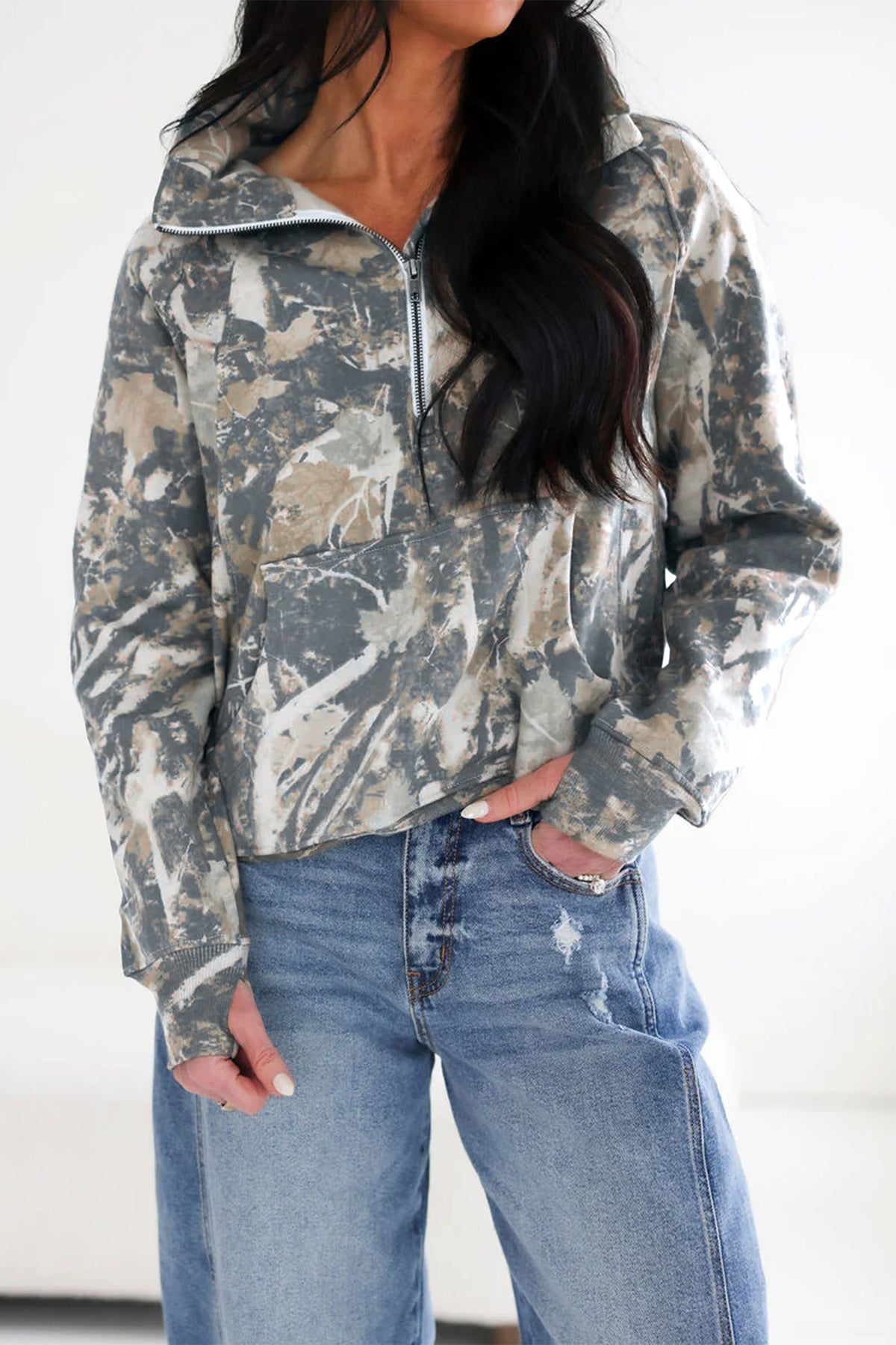 Multicolour Abstract Print Quarter Zip Kangaroo Pocket Sweatshirt