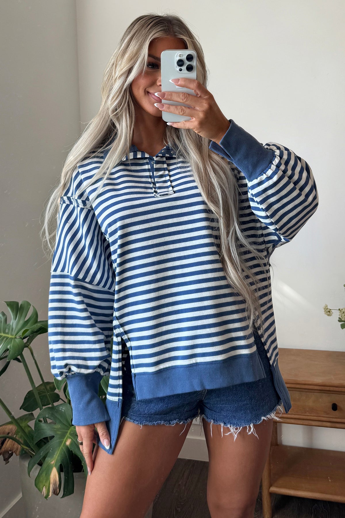 Blue Stripe Color Block Trim Raw Seam Split Hem Loose Pullover Sweatshirt-Tops/Sweatshirts & Hoodies-[Adult]-[Female]-2022 Online Blue Zone Planet
