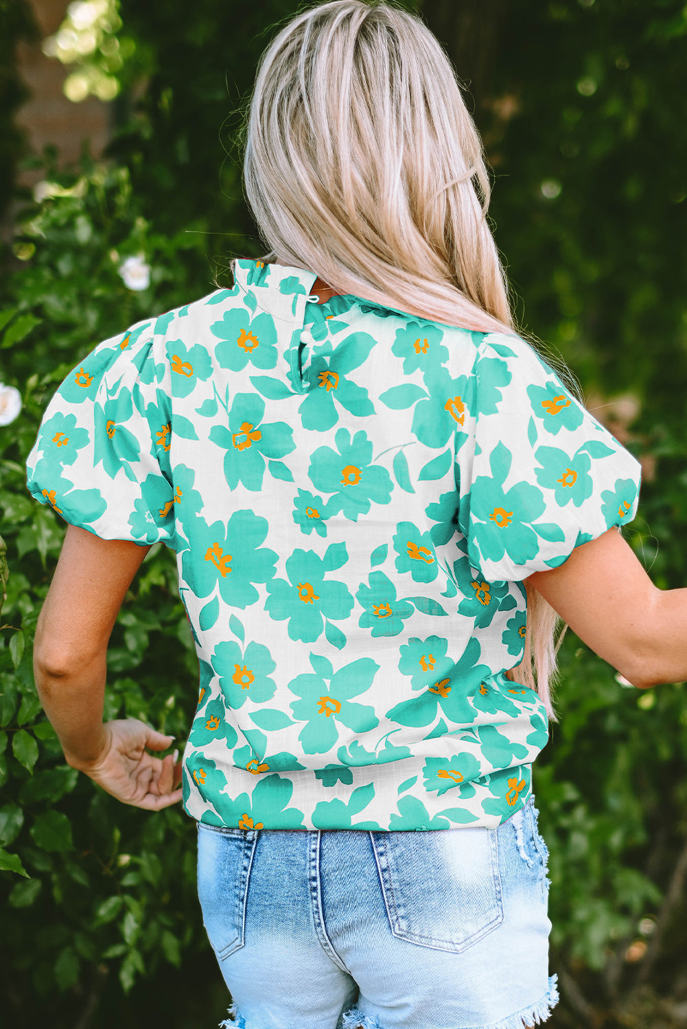 Green Floral Puff Sleeve Frilled Neckline Blouse-Tops/Blouses & Shirts-[Adult]-[Female]-2022 Online Blue Zone Planet