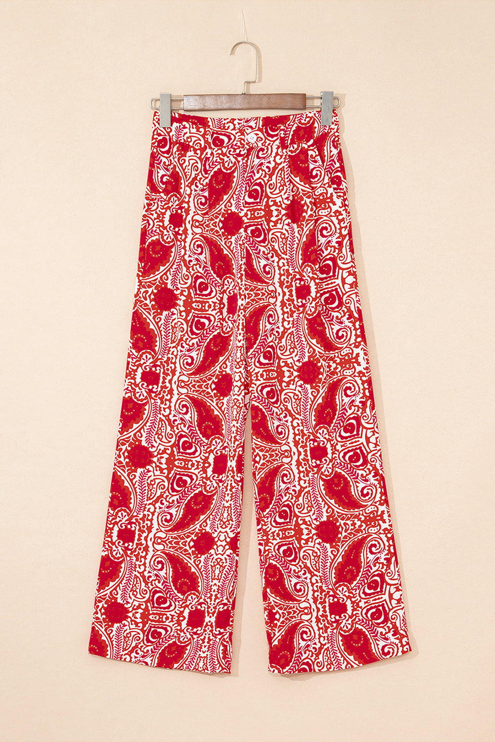 Blue Zone Planet | Red Paisley Printed Buttoned High Waist Straight Leg Pants-Bottoms/Pants & Culotte-[Adult]-[Female]-2022 Online Blue Zone Planet