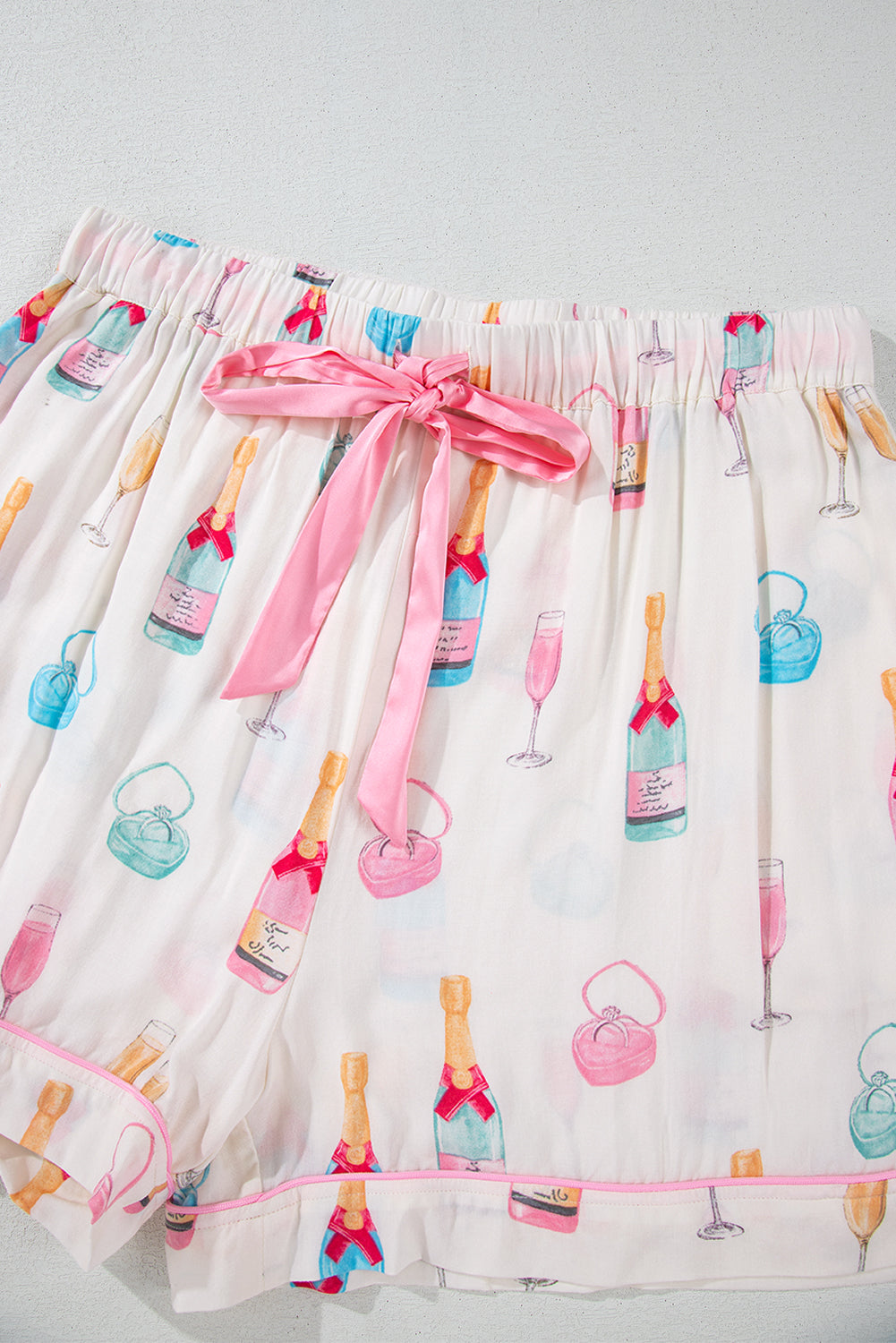 White Wine Glass Print Ribbon Bow Decor Plus Size Pajama Set-Plus Size Matching Sets-[Adult]-[Female]-2022 Online Blue Zone Planet