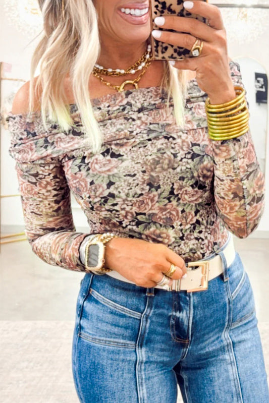 Black Floral Print Mesh Long Sleeve Foldover Off Shoulder Top-Tops/Long Sleeve Tops-[Adult]-[Female]-Black-S-2022 Online Blue Zone Planet