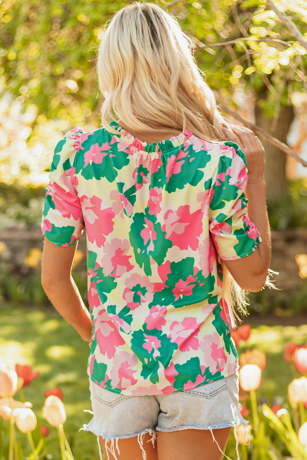 Green Abstract Print Frilly Neck Ruched Short Sleeve Blouse-Tops/Blouses & Shirts-[Adult]-[Female]-2022 Online Blue Zone Planet