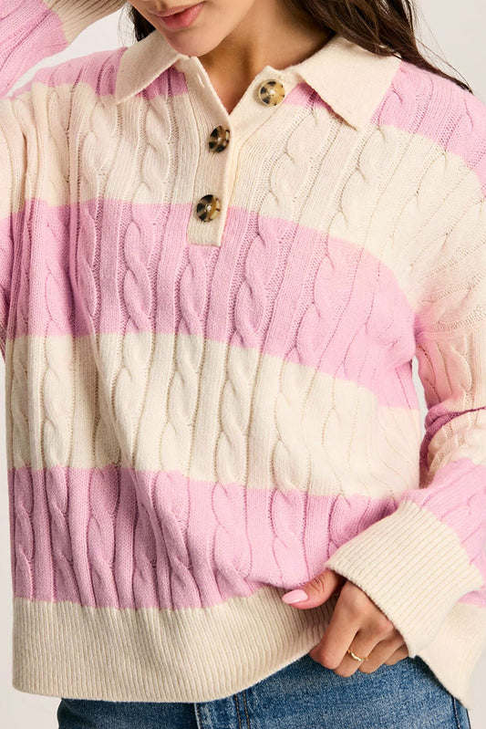 Pink Stripe Cable Knit Collared Henley Sweater-Sweaters & Cardigans/Sweaters-[Adult]-[Female]-Pink Stripe-S-2022 Online Blue Zone Planet