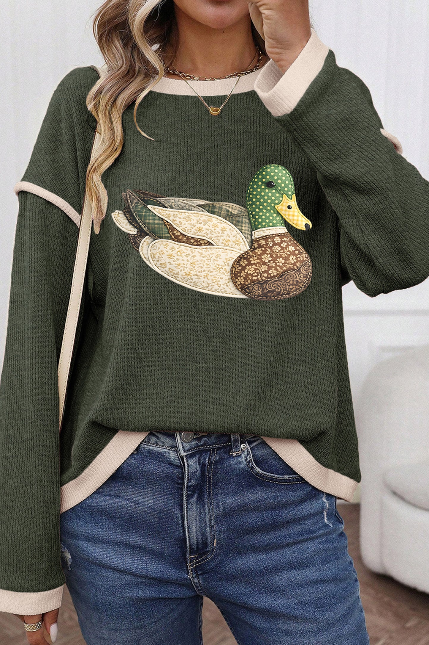 Four Leaf Clover Mallard Duck Graphic Contrast Trim Patchwork Casual Knit Top-Graphic/Graphic Long Sleeve Tees-[Adult]-[Female]-Four Leaf Clover-S-2022 Online Blue Zone Planet