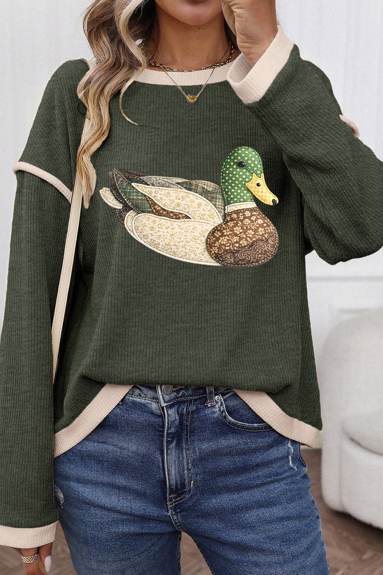 Four Leaf Clover Mallard Duck Graphic Contrast Trim Patchwork Casual Knit Top-Graphic/Graphic Long Sleeve Tees-[Adult]-[Female]-Four Leaf Clover-S-2022 Online Blue Zone Planet