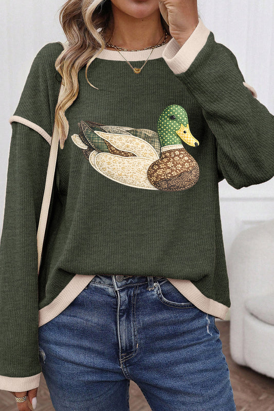 Four Leaf Clover Mallard Duck Graphic Contrast Trim Patchwork Casual Knit Top-Graphic/Graphic Long Sleeve Tees-[Adult]-[Female]-Four Leaf Clover-S-2022 Online Blue Zone Planet