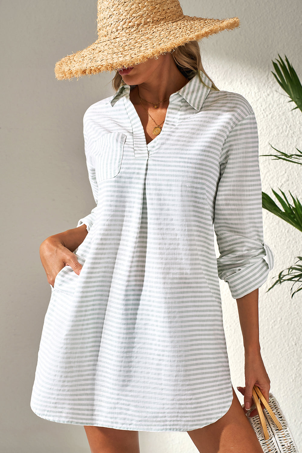 White Stripe Collared V Neck Chest Pocket Long Sleeve Beach Cover up-Swimwear/Beach Cover-ups-[Adult]-[Female]-2022 Online Blue Zone Planet
