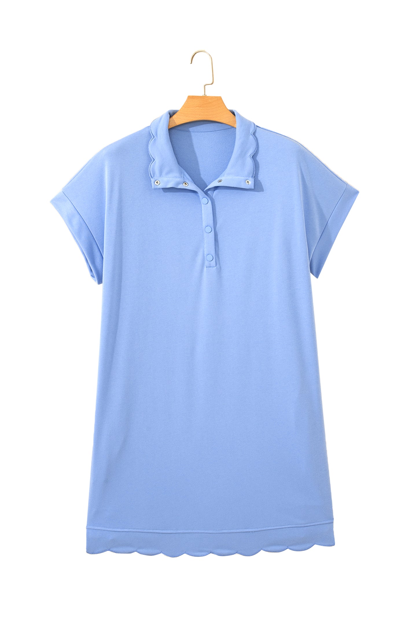 Beau Blue Plus Size Solid Scalloped Hem Button Neck Pullover Mini Dress-TOPS / DRESSES-[Adult]-[Female]-2022 Online Blue Zone Planet