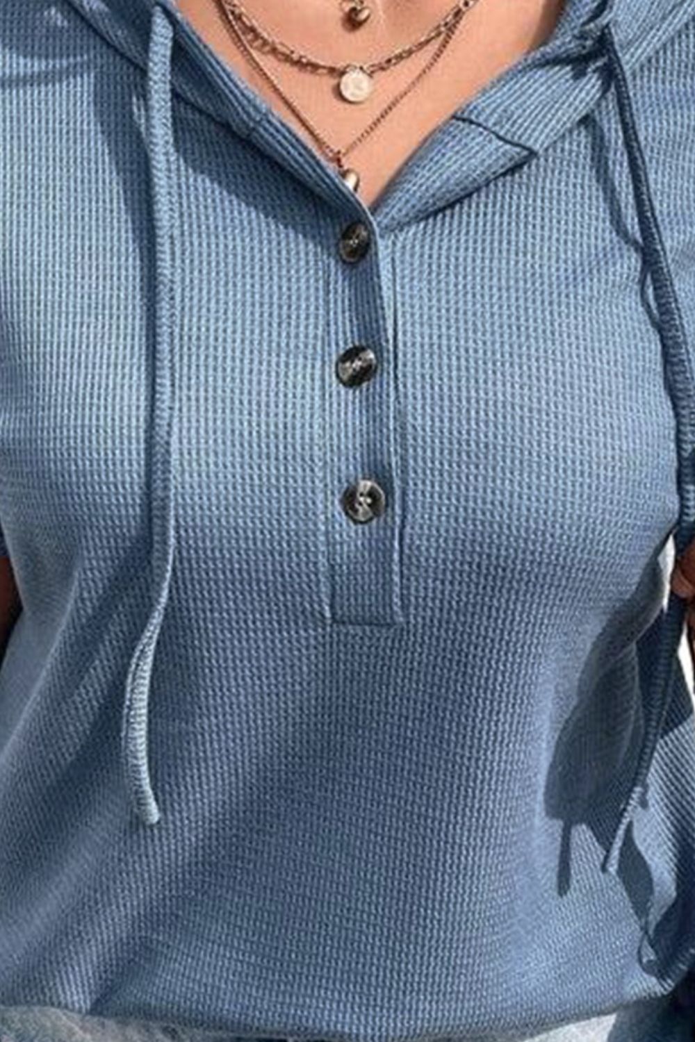 Plus Size Waffle-Knit Half Button Short Sleeve Hoodie-TOPS / DRESSES-[Adult]-[Female]-2022 Online Blue Zone Planet