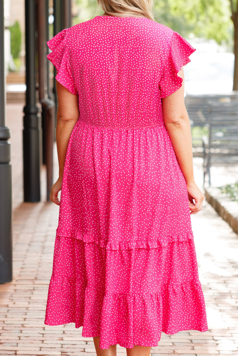 Rose Polka Dot Print Ruffled Smocked High Waist Plus Midi Dress-TOPS / DRESSES-[Adult]-[Female]-2022 Online Blue Zone Planet