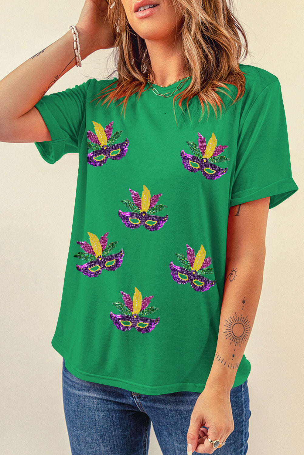 Bright Green Sequin Mardi Gras Pattern Graphic Crewneck Tee-Graphic Tees-[Adult]-[Female]-2022 Online Blue Zone Planet