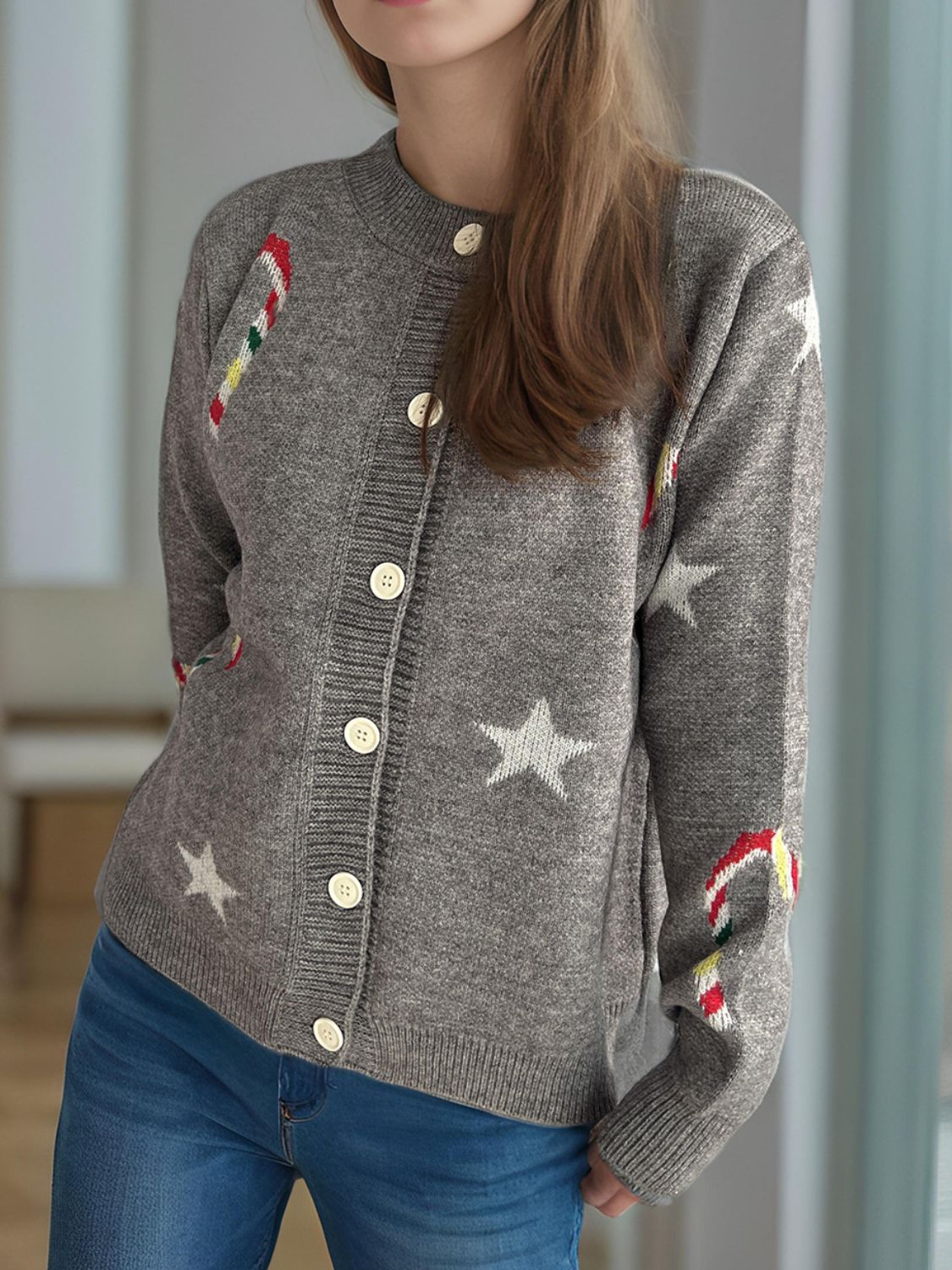 Candy Cane & Star Button Down Long Sleeve Cardigan-TOPS / DRESSES-[Adult]-[Female]-Dark Gray-One Size-2022 Online Blue Zone Planet