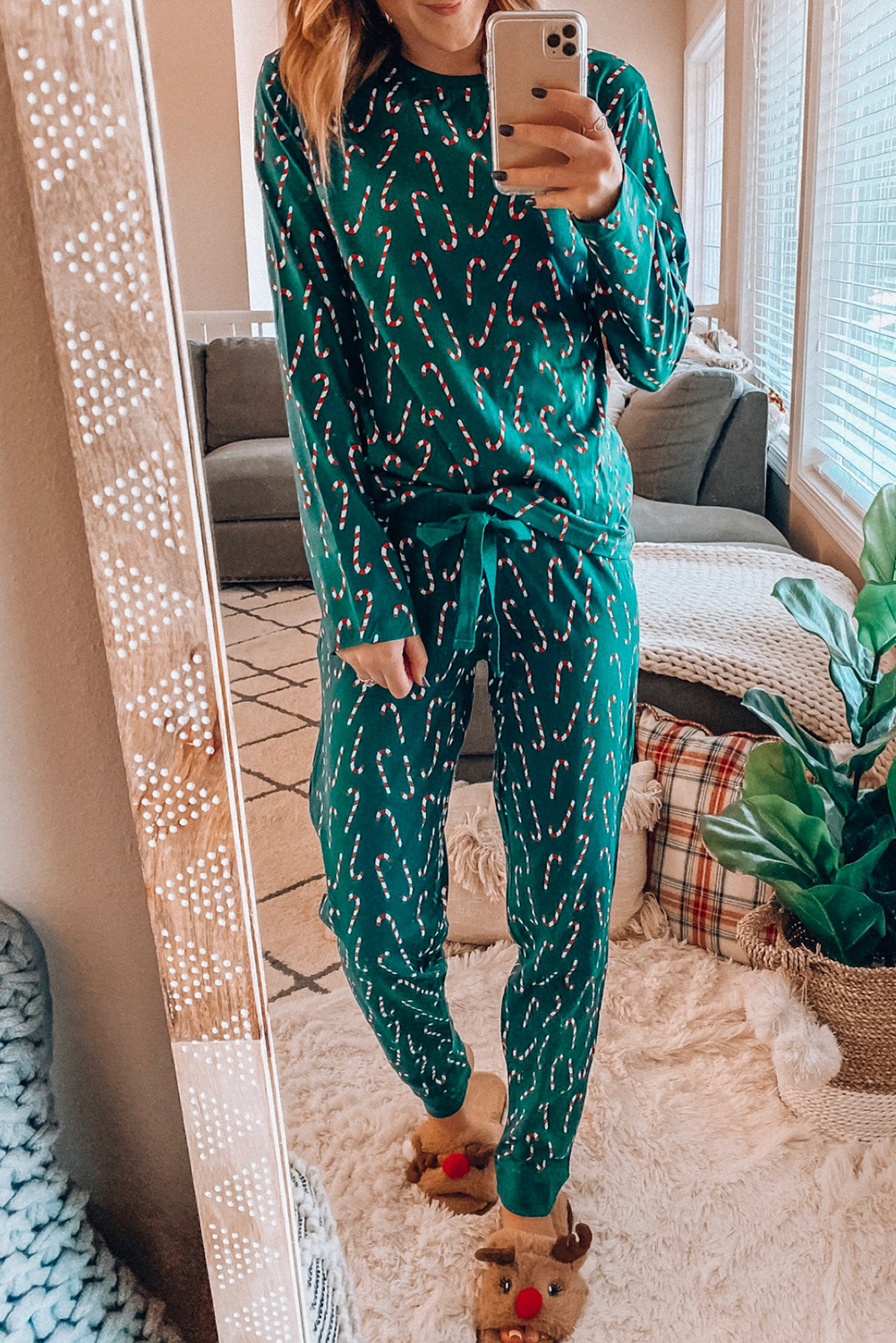 Green Christmas Candy Cane Printed Top and Pants Lounge Set-Loungewear & Sleepwear/Loungewear-[Adult]-[Female]-Green-S-2022 Online Blue Zone Planet