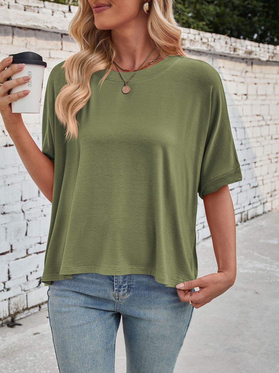 Lovelet Round Neck Half Sleeve T-Shirt-TOPS / DRESSES-[Adult]-[Female]-Army Green-S-2022 Online Blue Zone Planet