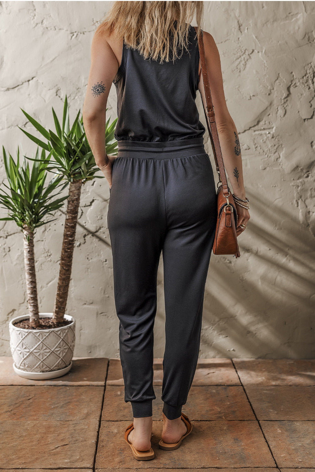 Black Casual Tank Style Tie Waist Pocketed Jogger Jumpsuit-Bottoms/Jumpsuits & Rompers-[Adult]-[Female]-2022 Online Blue Zone Planet