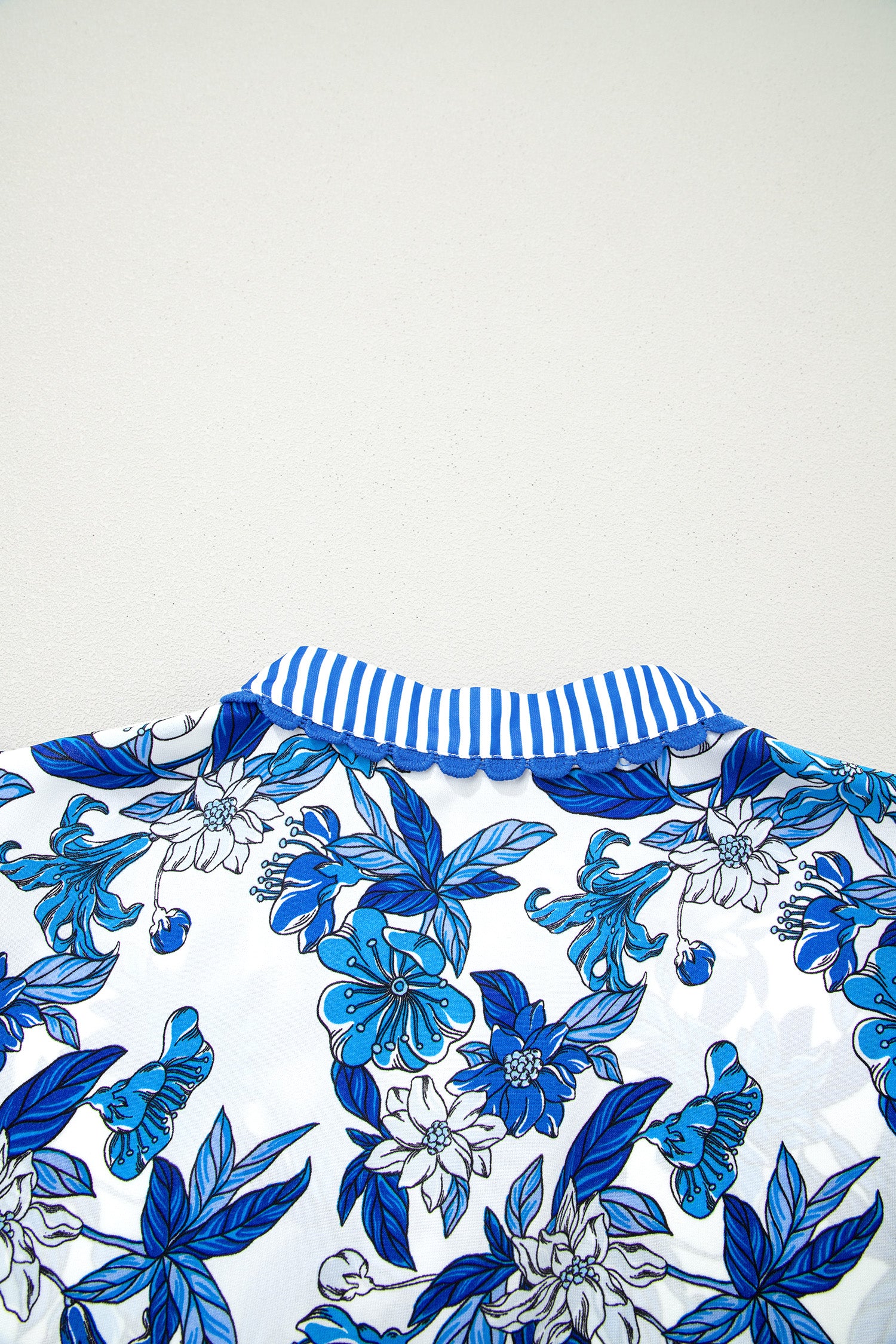 Sky Blue Floral Print Striped Patchwork Long Flounce Sleeve Ricrac Trim V Neck Blouse-Tops/Blouses & Shirts-[Adult]-[Female]-2022 Online Blue Zone Planet