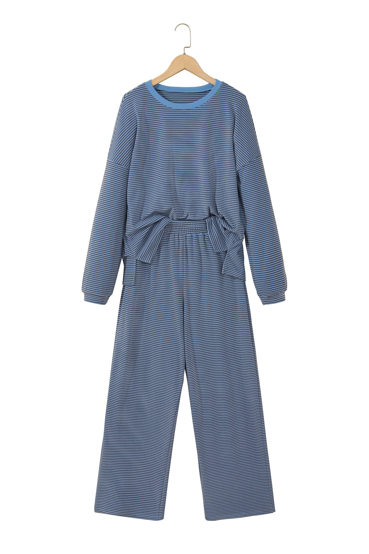 Beige Stripe Contrast Trim Round Neck Oversize Long Sleeve Top 2pcs Pant Set-Two Piece Sets/Pant Sets-[Adult]-[Female]-2022 Online Blue Zone Planet