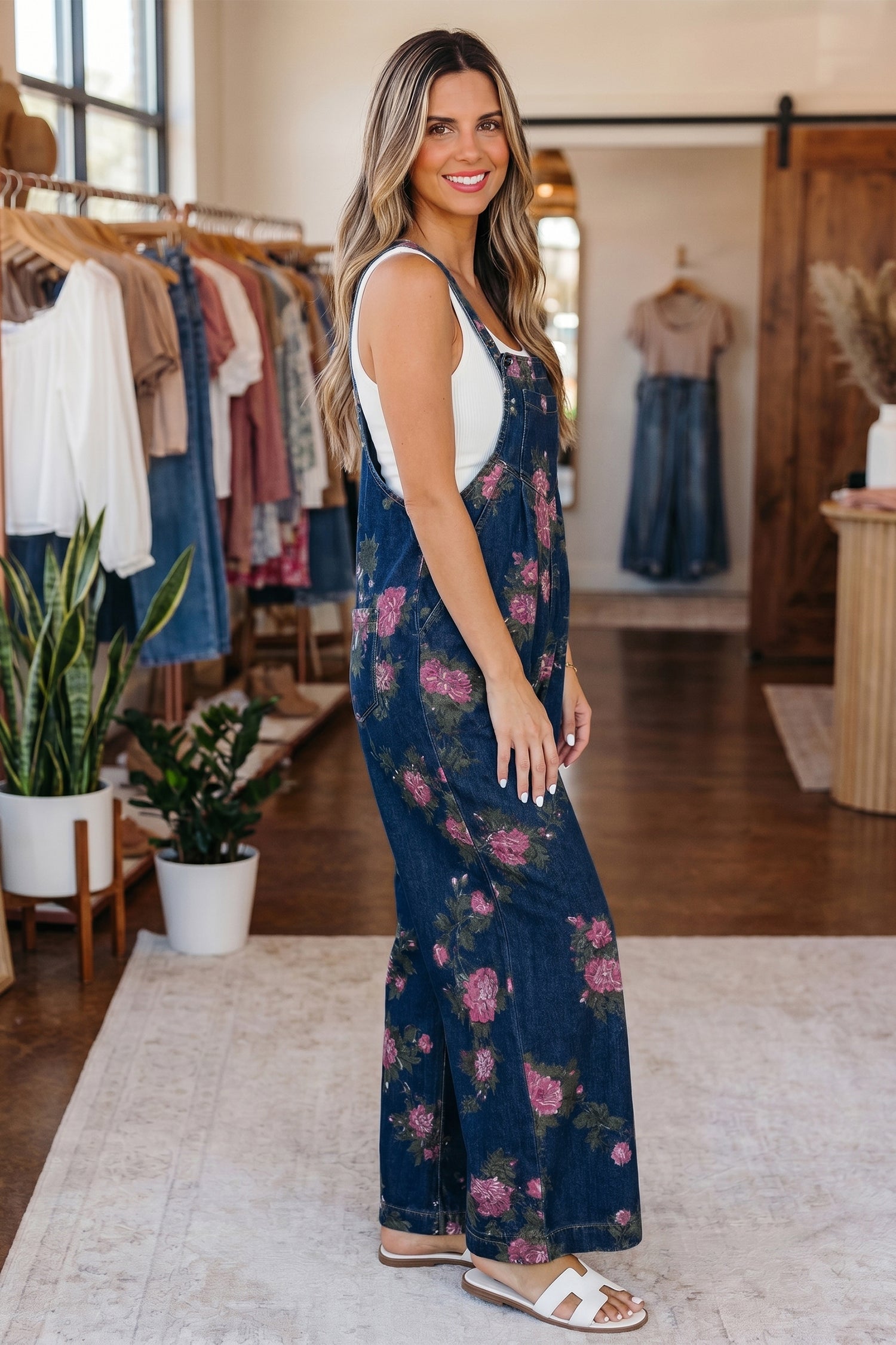 Blue Beau Floral Print Pleated High Waist Wide Leg Denim Jumpsuit-Bottoms/Jumpsuits & Rompers-[Adult]-[Female]-2022 Online Blue Zone Planet