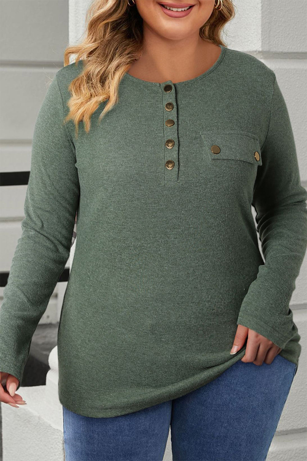 Plus Size Half Snap Long Sleeve T-Shirt-TOPS / DRESSES-[Adult]-[Female]-Sage-1X-2022 Online Blue Zone Planet