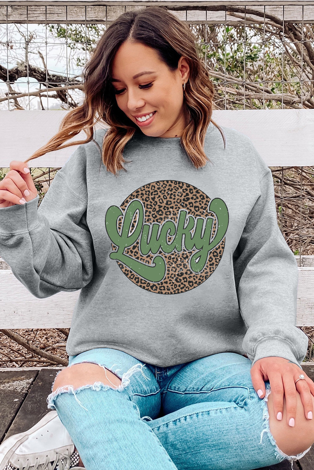 Gray Leopard Lucky Graphic Crewneck St Patrick Pullover Sweatshirt-Graphic Sweatshirts-[Adult]-[Female]-2022 Online Blue Zone Planet