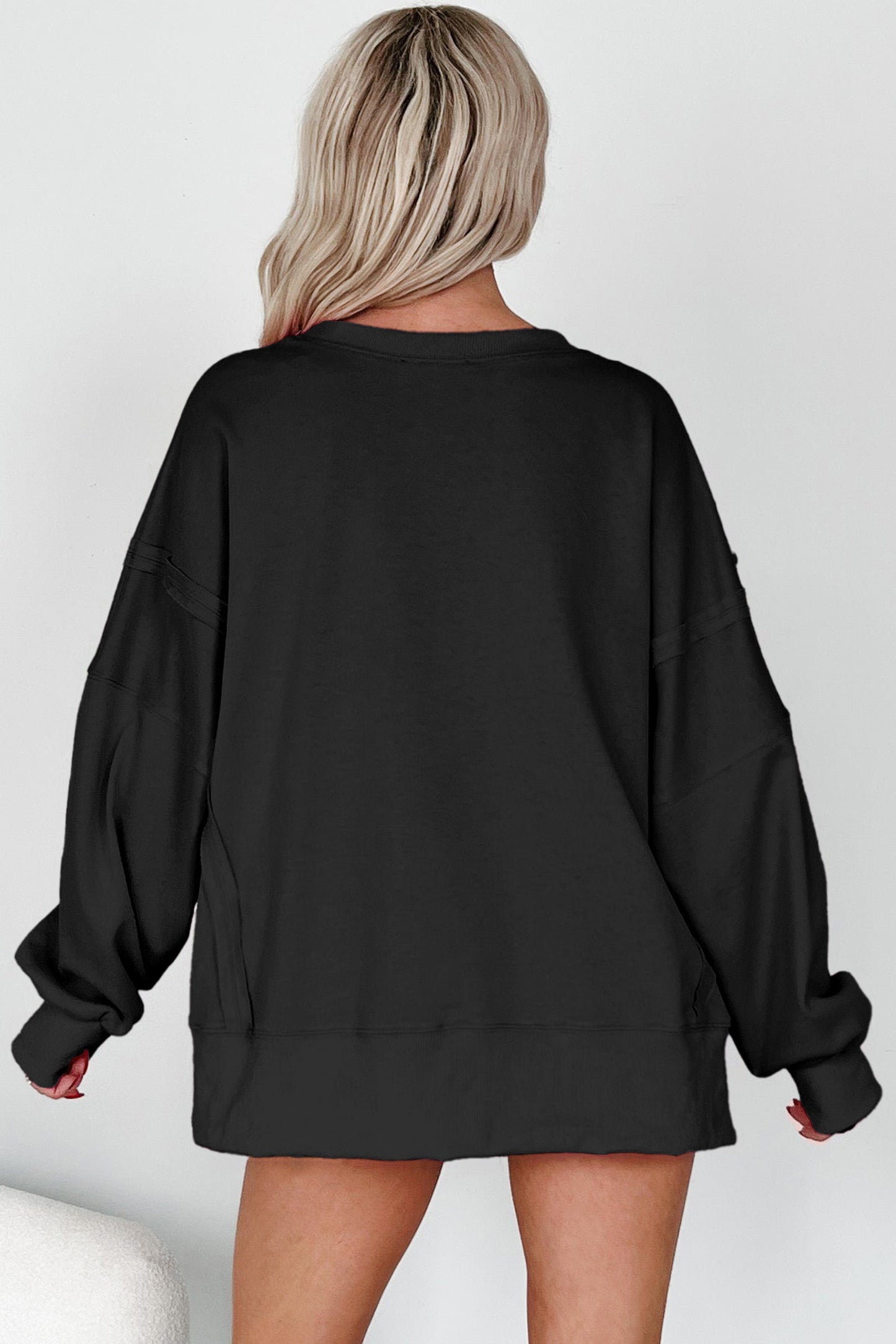 Black Bow Sequin XOXO Letter Graphic Exposed Seam Baggy Sweatshirt-Tops/Sweatshirts & Hoodies-[Adult]-[Female]-2022 Online Blue Zone Planet