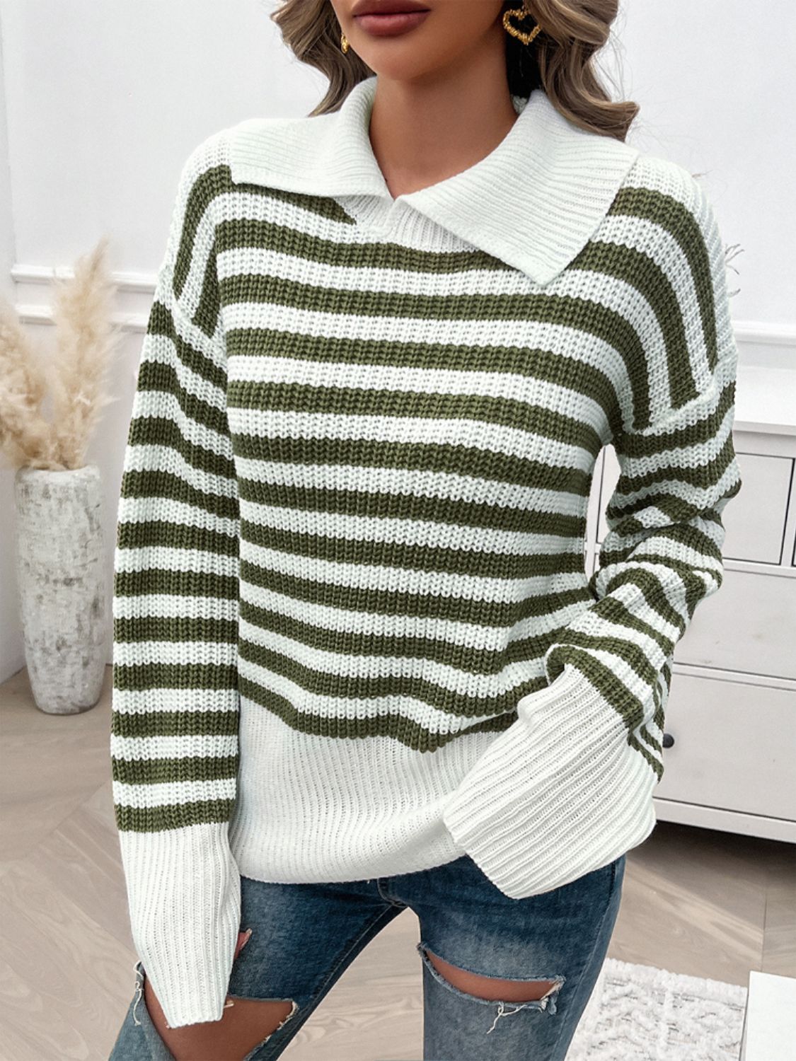 Striped Collared Neck Long Sleeve Sweater-TOPS / DRESSES-[Adult]-[Female]-Moss-S-2022 Online Blue Zone Planet