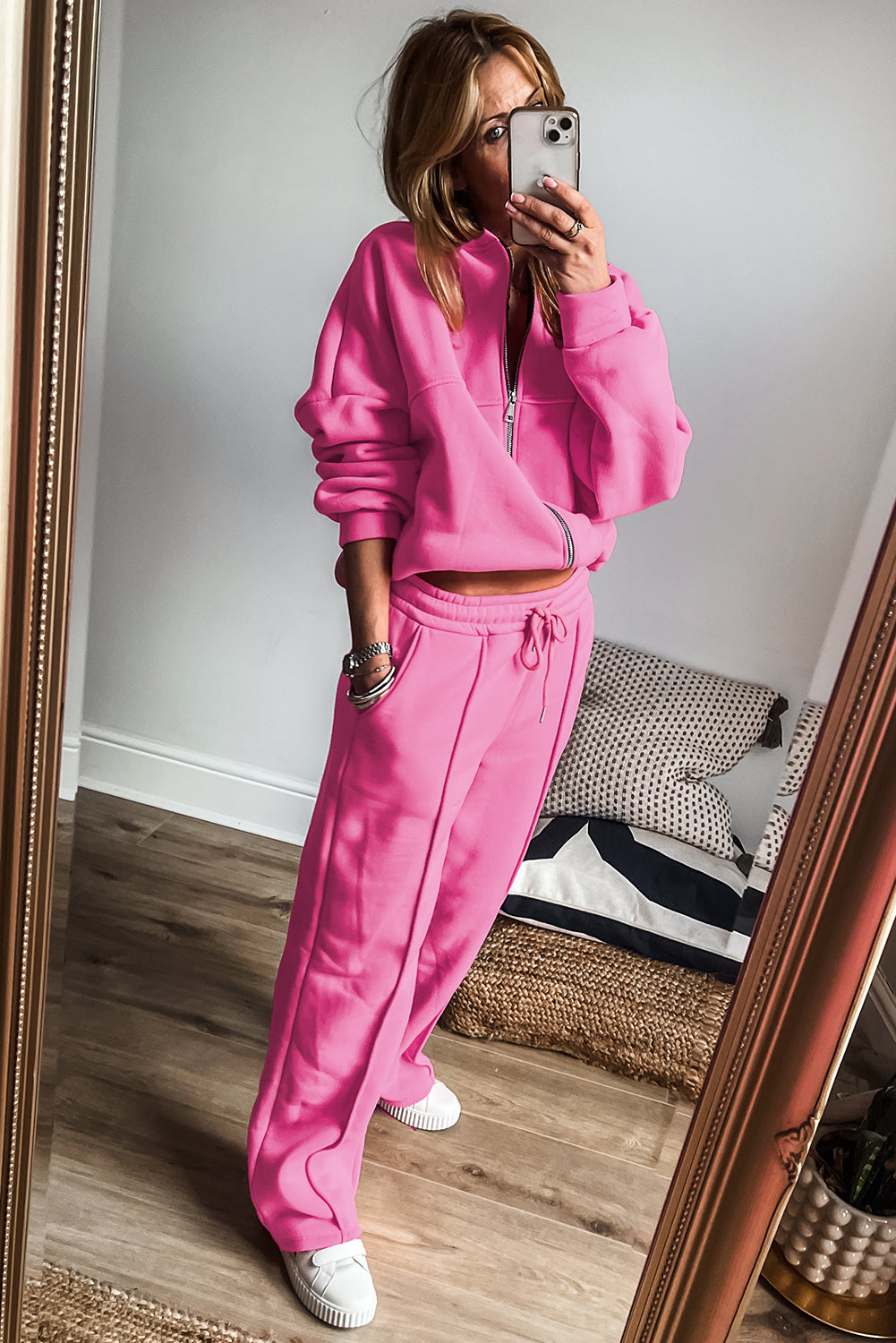 Blue Zone Planet | Bright Pink Solid Seamed Zipper Jacket and Drawstring Waist Pants Set-Two Piece Sets/Pant Sets-[Adult]-[Female]-2022 Online Blue Zone Planet