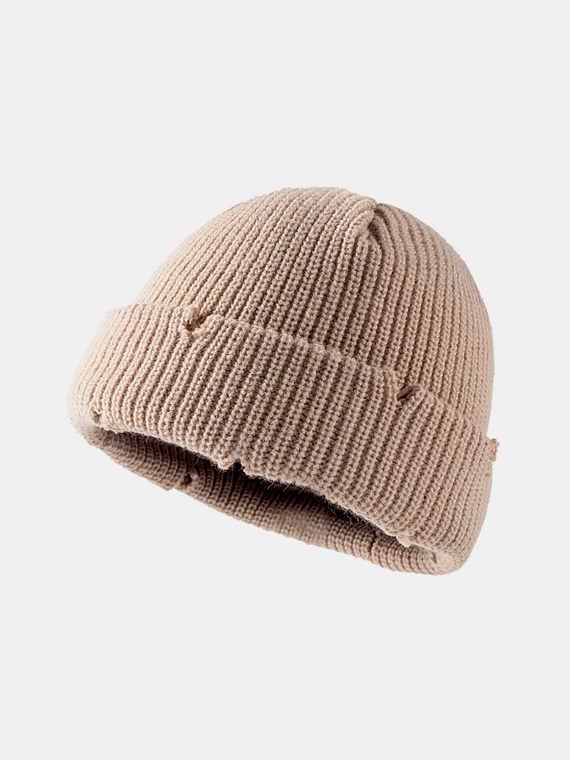 Distressed Cuffed Knit Hat-BEANIES-[Adult]-[Female]-Khaki-One Size-2022 Online Blue Zone Planet