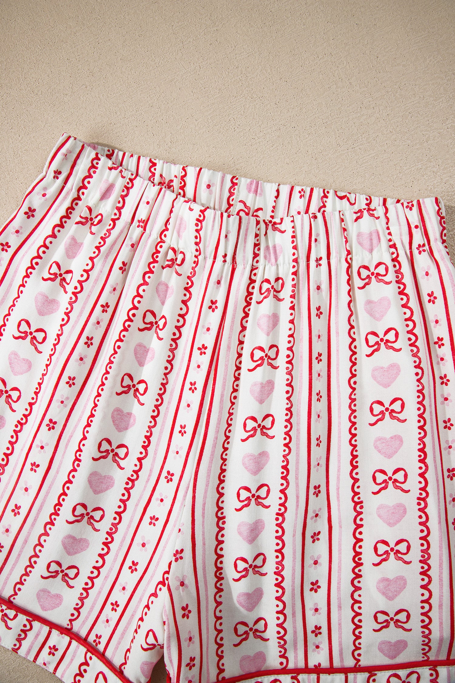 Red Cute Bow Heart Print Ribbon Decor Short 2pcs Pajama Set-Loungewear & Sleepwear/Sleepwear-[Adult]-[Female]-2022 Online Blue Zone Planet