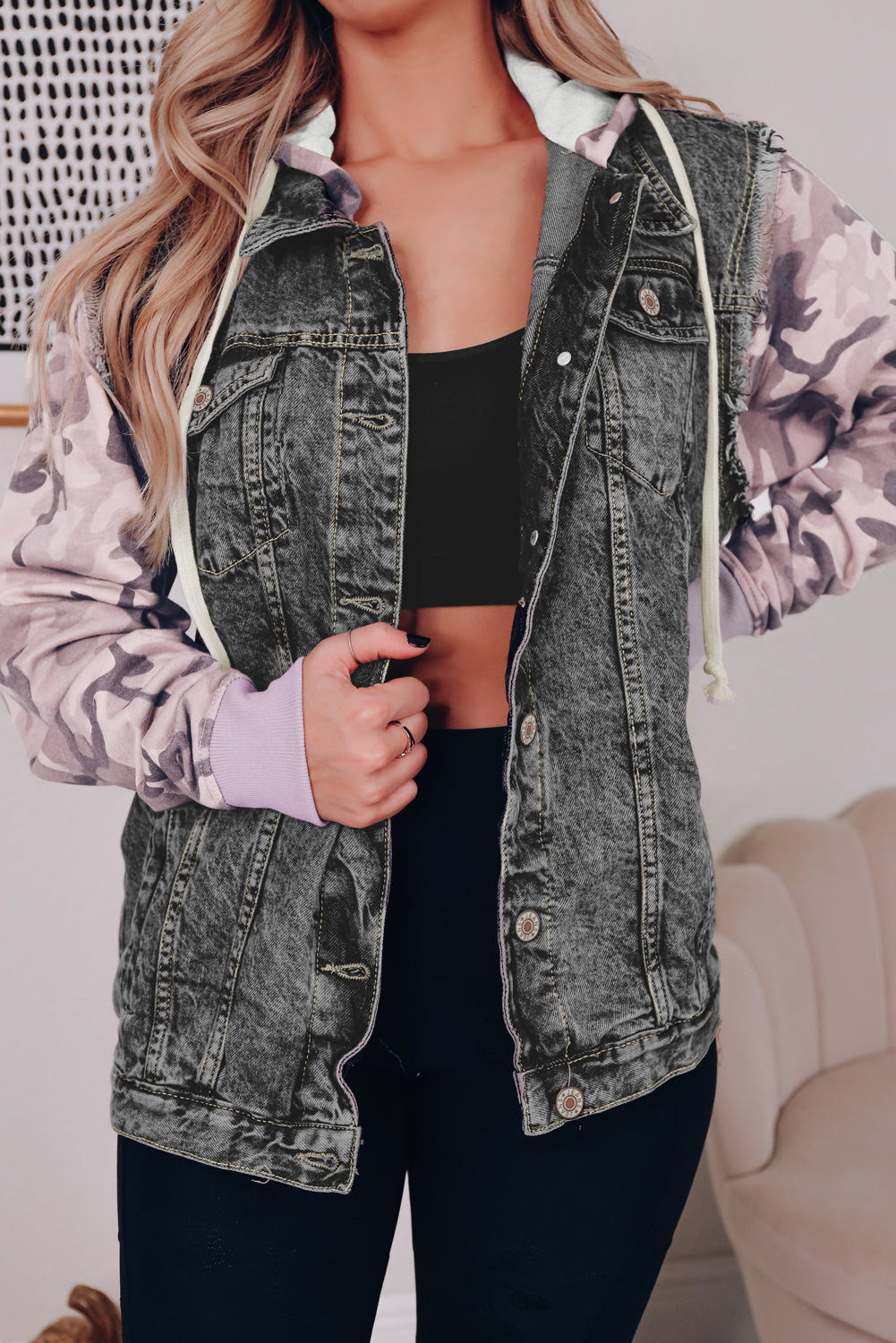 Blue Zone Planet | Black Camo Sleeve Hooded Buttoned Denim Jacket-Outerwear/Denim jackets-[Adult]-[Female]-Black-S-2022 Online Blue Zone Planet