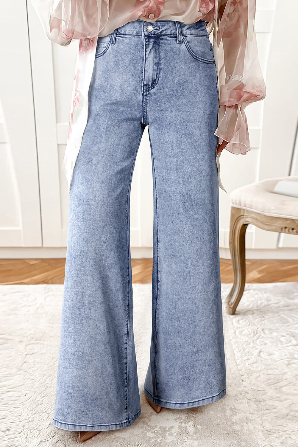 Beau Blue High Waist Button Zip Fly Bell Bottom Jeans-Bottoms/Jeans-[Adult]-[Female]-2022 Online Blue Zone Planet