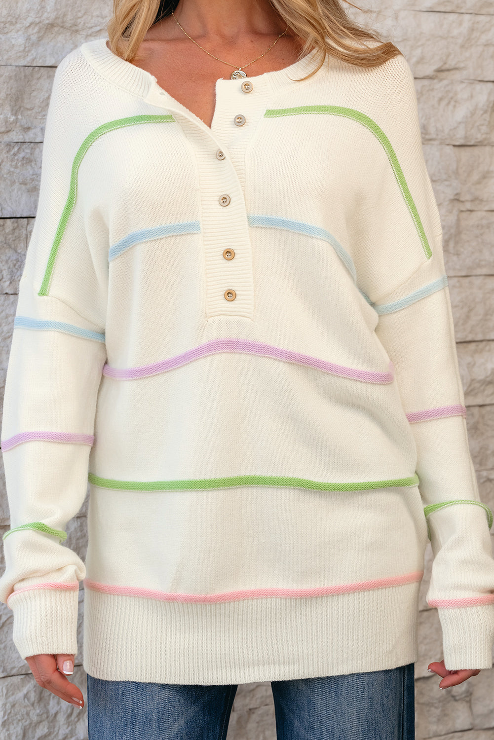 Blue Zone Planet | White Rainbow Stripes Drop Shoulder Baggy Henley Sweater-Sweaters & Cardigans/Sweaters-[Adult]-[Female]-2022 Online Blue Zone Planet