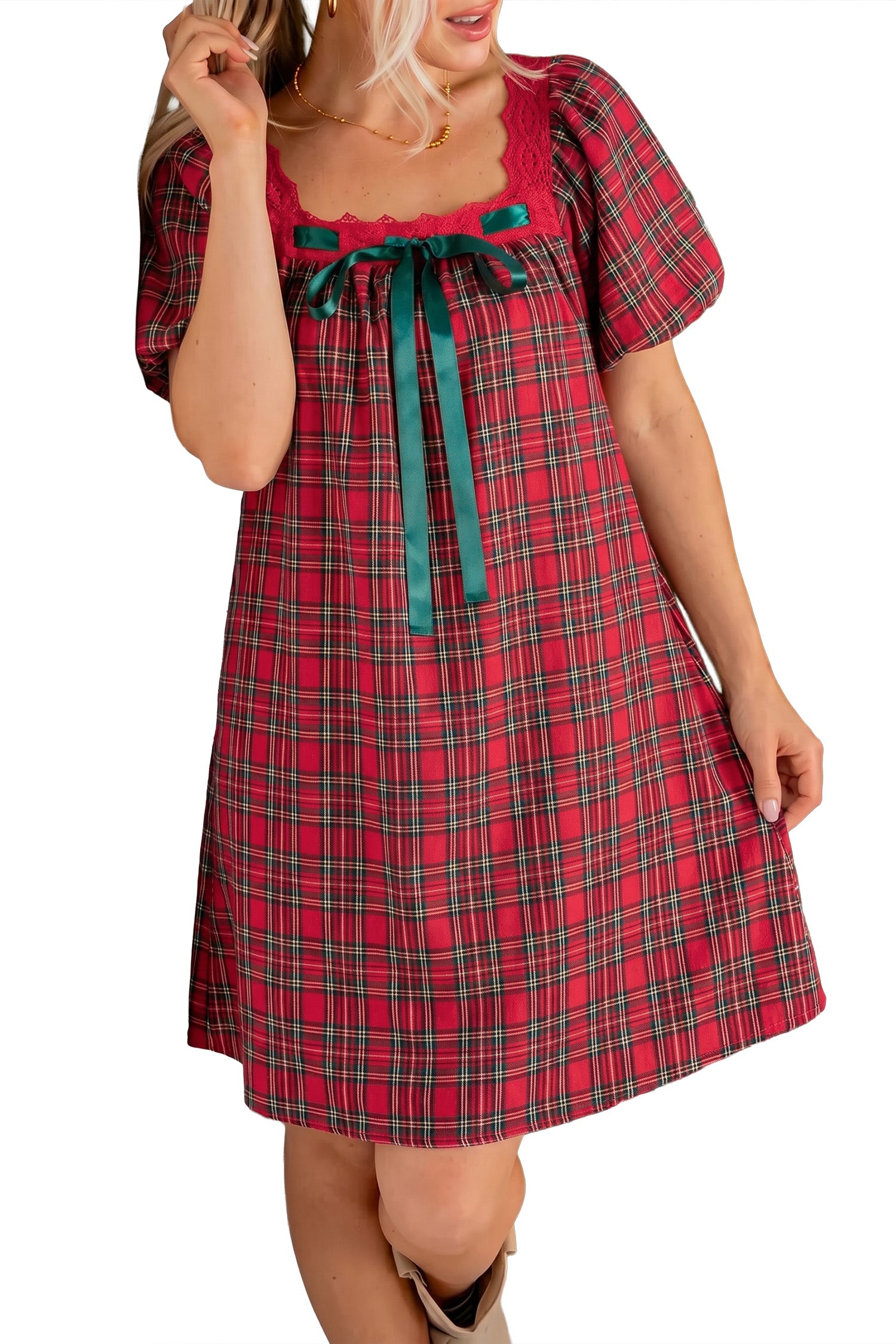 Red Plaid Square Collar Lace Trim Short Sleeve Shift Mini Dress-TOPS / DRESSES-[Adult]-[Female]-2022 Online Blue Zone Planet