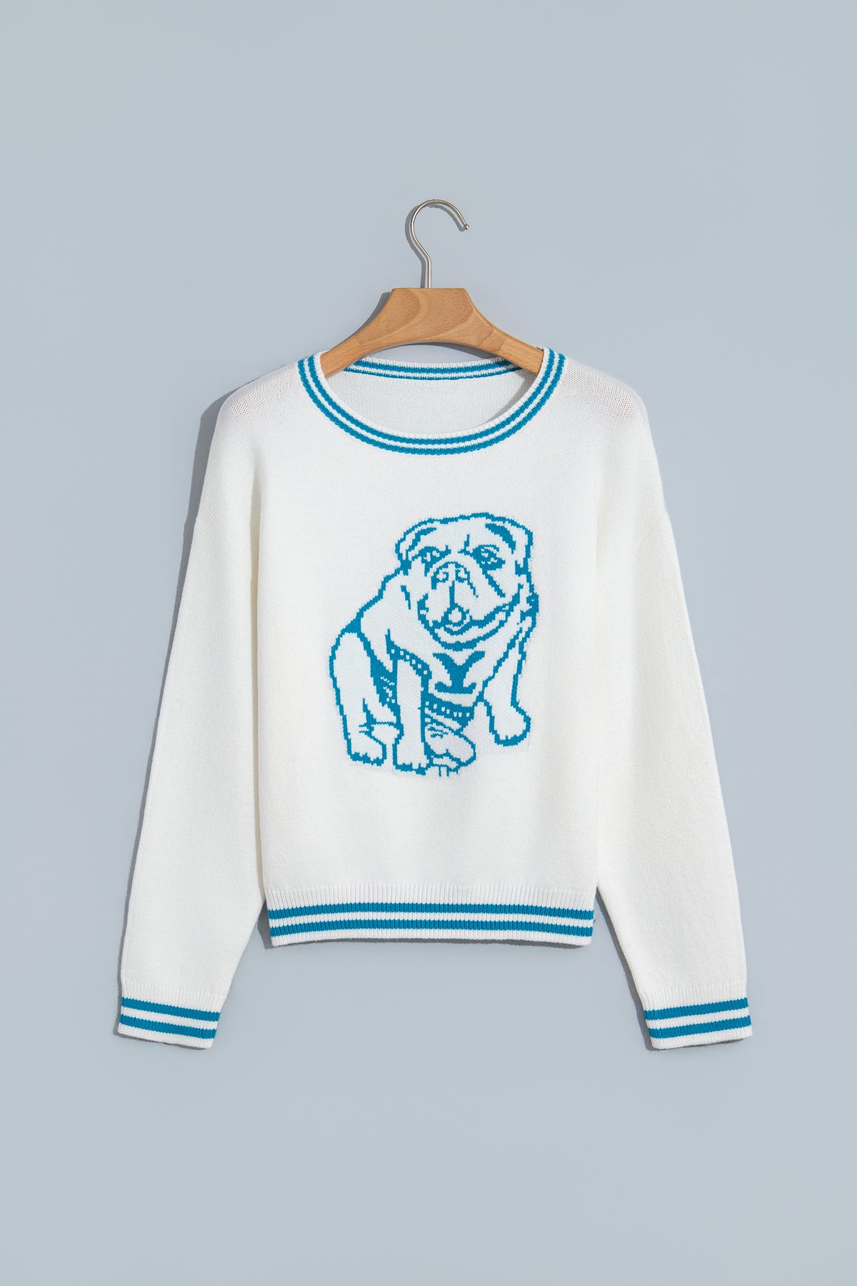 Light Blue Bulldog Contrast Trim Round Neck Casual Sweater-TOPS / DRESSES-[Adult]-[Female]-2022 Online Blue Zone Planet